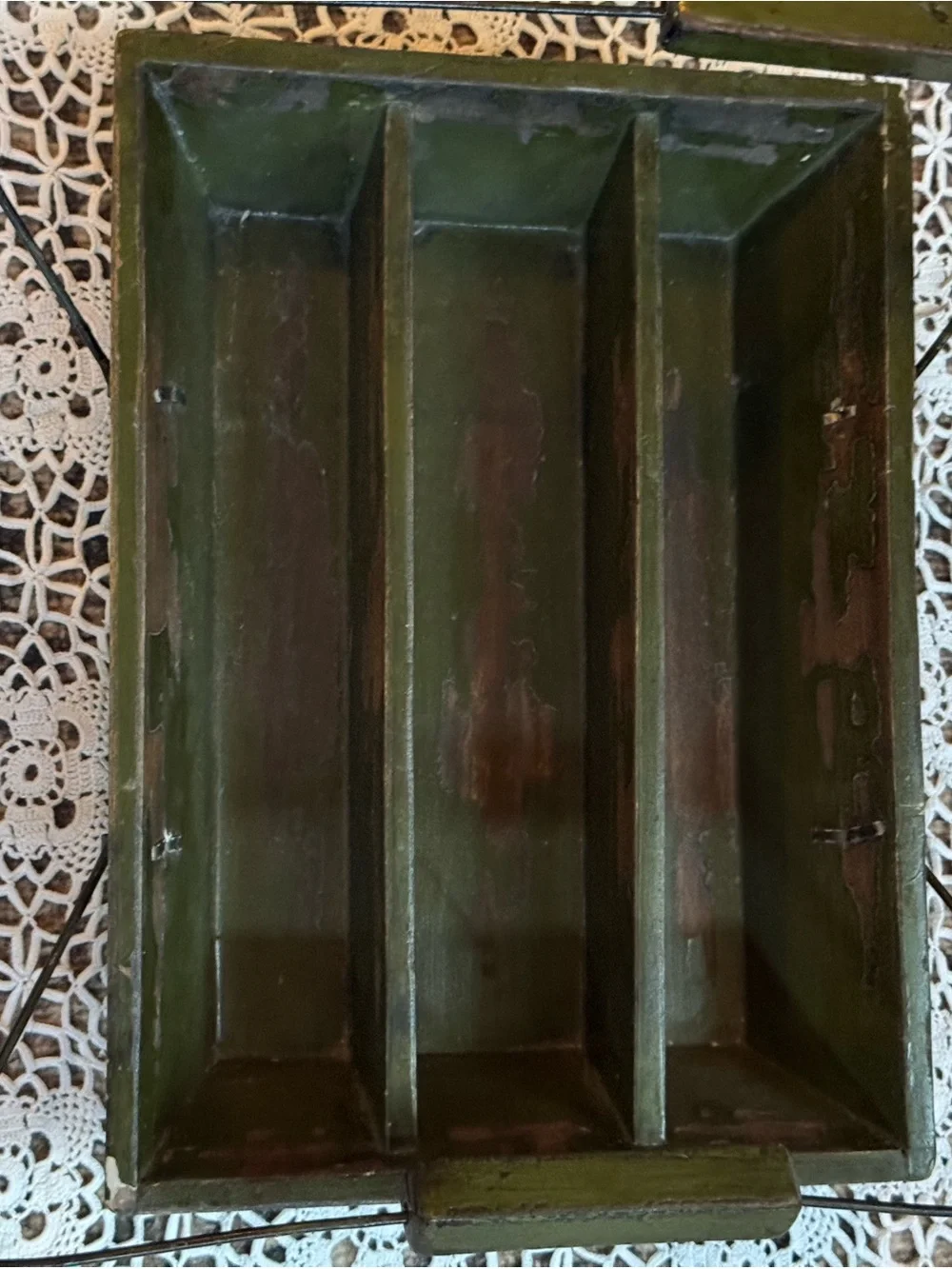 Vintage Primitive Wooden Divided Tool Caddy | Green Farmhouse Carrier